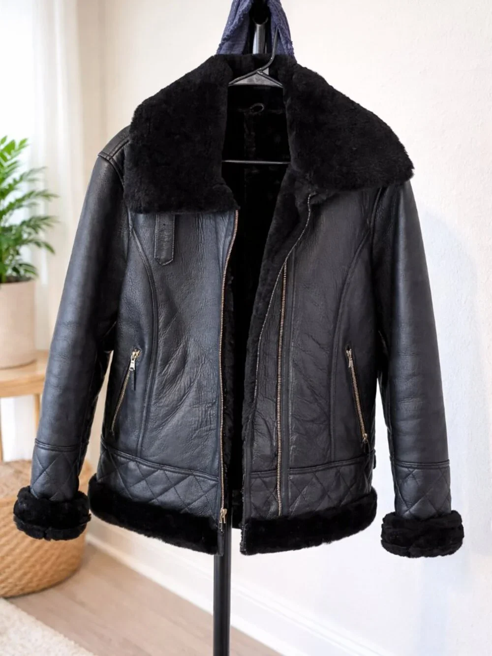 Shearling Aviator Jacket Womens Black 100% Sheepskin Leather B3 Bomber Coat XL - Picture 8 of 10